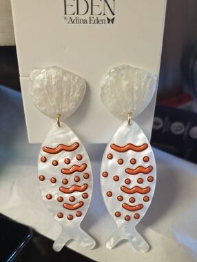 Adina Eden White Shell Fish Drop Earrings with Orange Accents